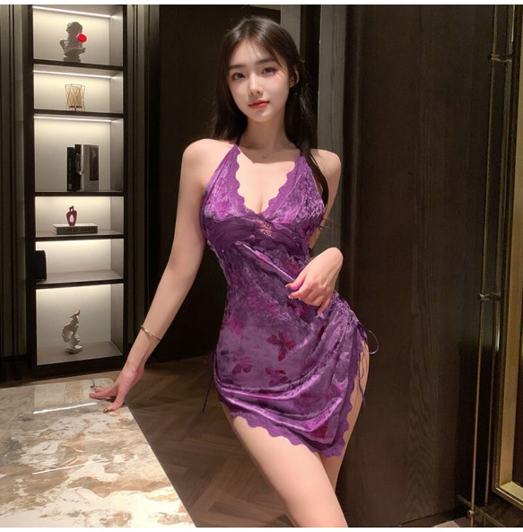 FEE ET MOI - Butterfly Print Deep V Velvet Dress (Purple)